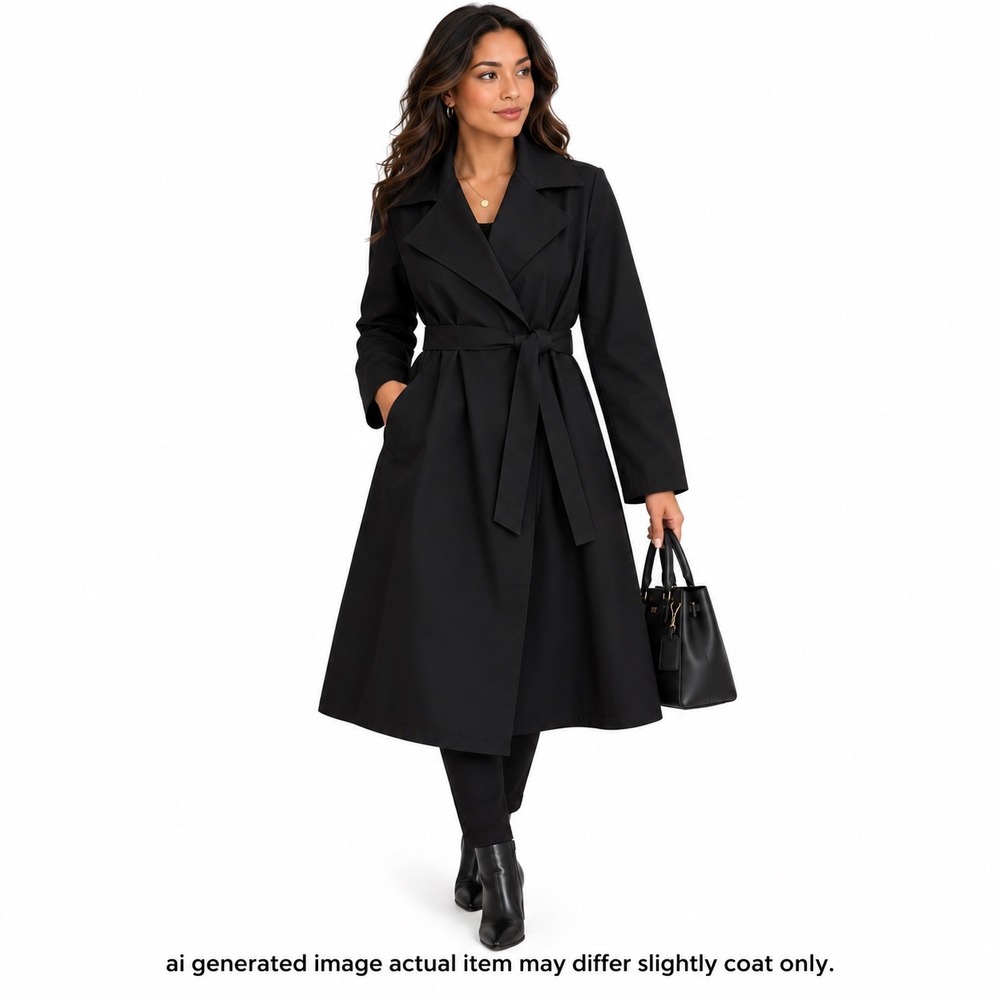 American Apparel Wrap Trench Coat Women L Black Belted Lightweight Classic NWOT